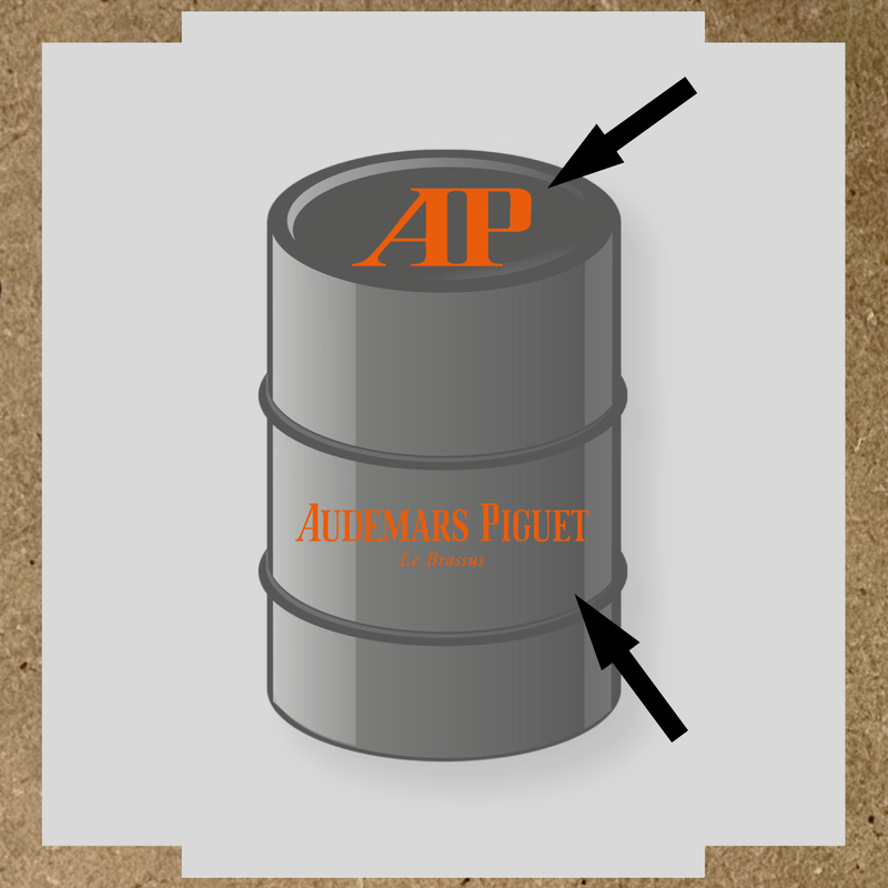Kit de 2 stickers pour baril, représentant le logo 'AP' et le texte 'Audemars Piguet Le Brassus', sur un baril décoratif. couleur:orange
