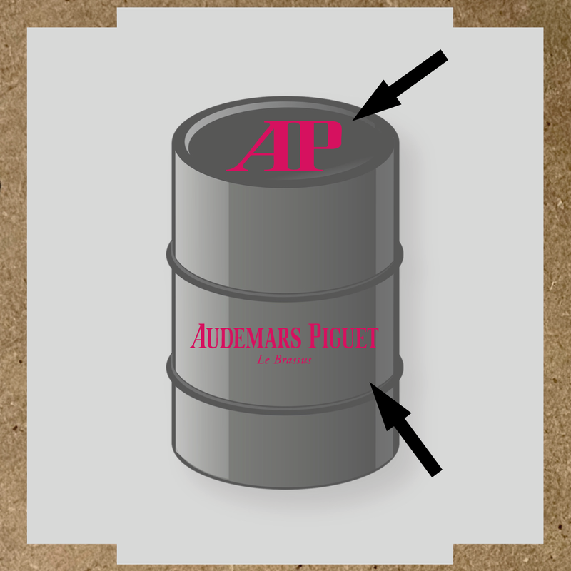 Kit de 2 stickers pour baril, représentant le logo 'AP' et le texte 'Audemars Piguet Le Brassus', sur un baril décoratif. couleur:rose