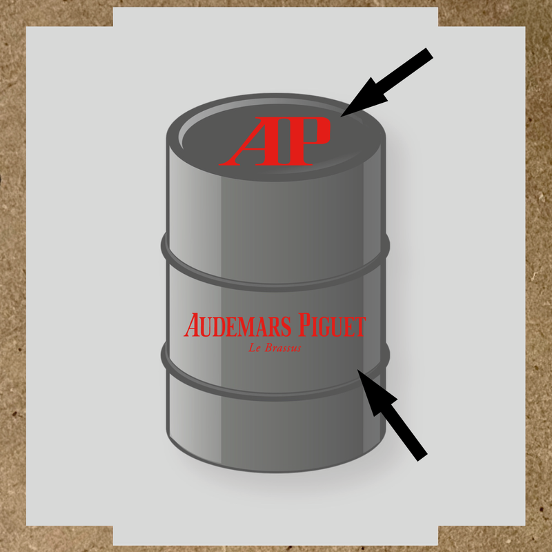 Kit de 2 stickers pour baril, représentant le logo 'AP' et le texte 'Audemars Piguet Le Brassus', sur un baril décoratif. couleur:rouge vif