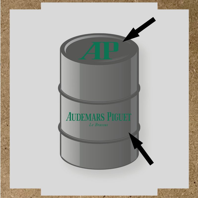 Kit de 2 stickers pour baril, représentant le logo 'AP' et le texte 'Audemars Piguet Le Brassus', sur un baril décoratif. couleur:vert émeraude