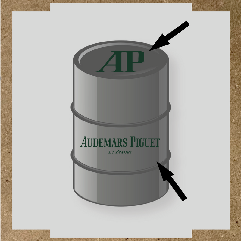 Kit de 2 stickers pour baril, représentant le logo 'AP' et le texte 'Audemars Piguet Le Brassus', sur un baril décoratif. couleur:vert forêt