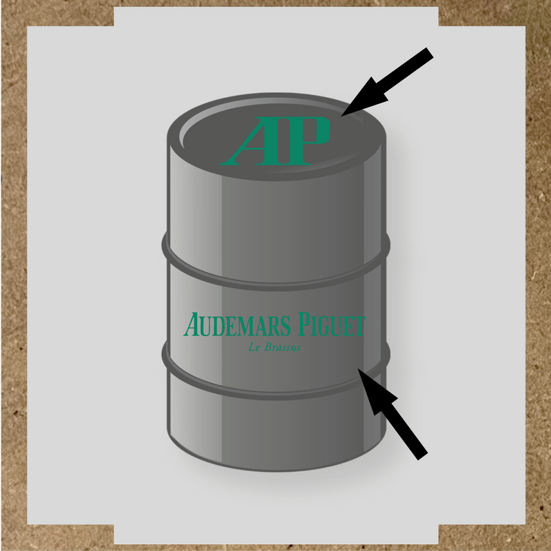 Kit de 2 stickers pour baril, représentant le logo 'AP' et le texte 'Audemars Piguet Le Brassus', sur un baril décoratif. couleur:vert jade