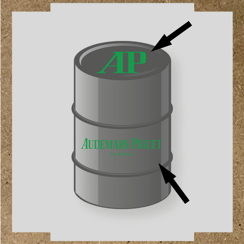 Kit de 2 stickers pour baril, représentant le logo 'AP' et le texte 'Audemars Piguet Le Brassus', sur un baril décoratif. couleur:vert vif