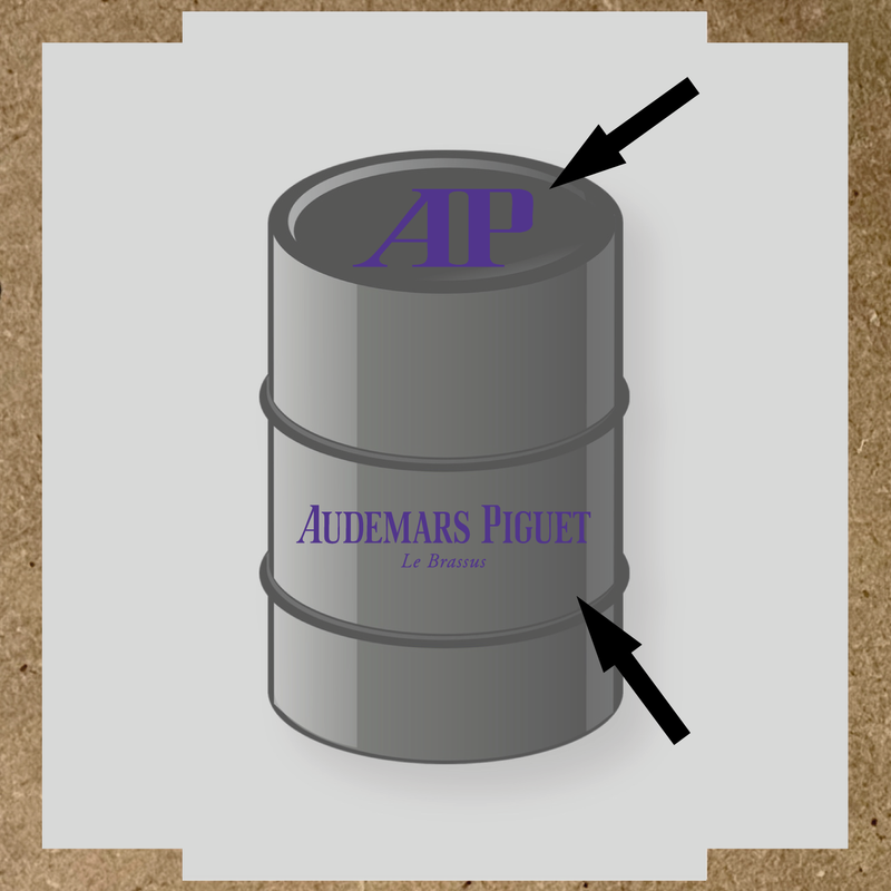 Kit de 2 stickers pour baril, représentant le logo 'AP' et le texte 'Audemars Piguet Le Brassus', sur un baril décoratif. couleur:violet