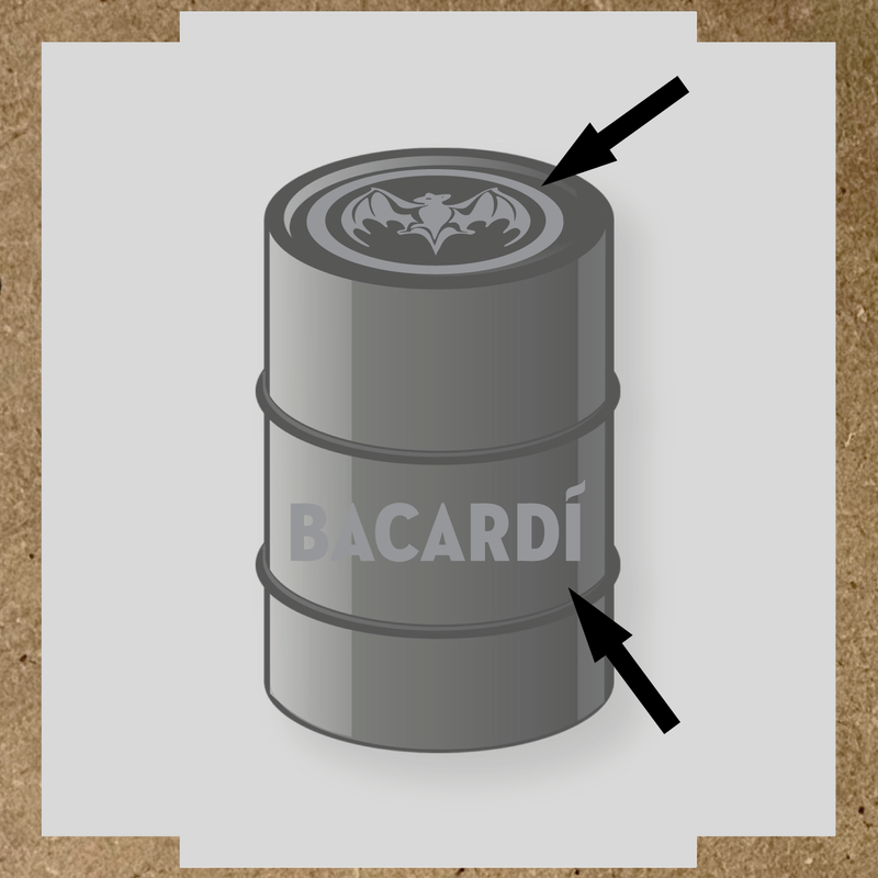 Kit de 2 stickers pour baril Bacardí, avec le logo et une chauve-souris sur le dessus du baril. couleur:argent
