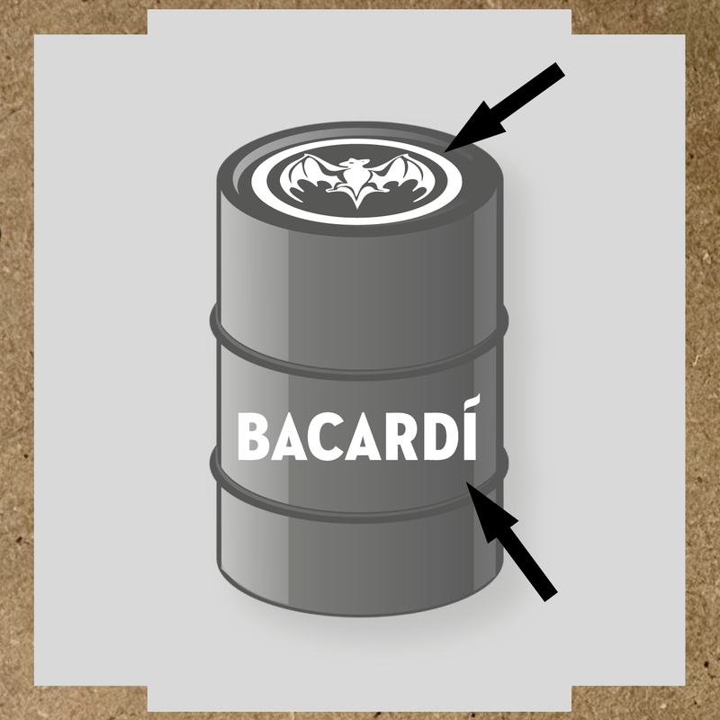 Kit de 2 stickers pour baril Bacardí, avec le logo et une chauve-souris sur le dessus du baril. couleur:blanc