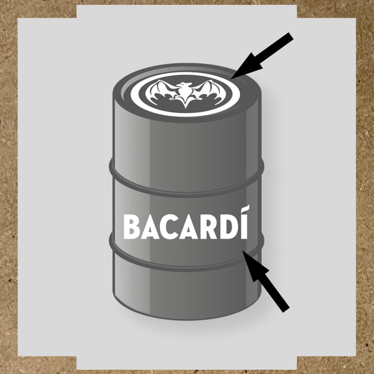 Kit de 2 stickers pour baril Bacardí, avec le logo et une chauve-souris sur le dessus du baril. couleur:blanc