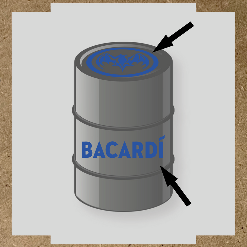 Kit de 2 stickers pour baril Bacardí, avec le logo et une chauve-souris sur le dessus du baril. couleur:bleu acier