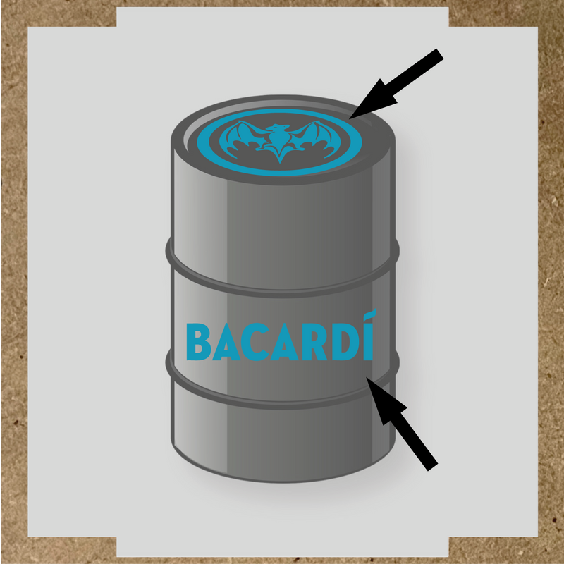 Kit de 2 stickers pour baril Bacardí, avec le logo et une chauve-souris sur le dessus du baril. couleur:bleu azur