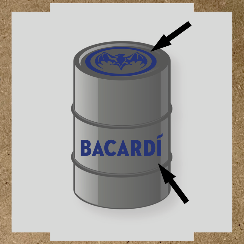 Kit de 2 stickers pour baril Bacardí, avec le logo et une chauve-souris sur le dessus du baril. couleur:bleu indigo