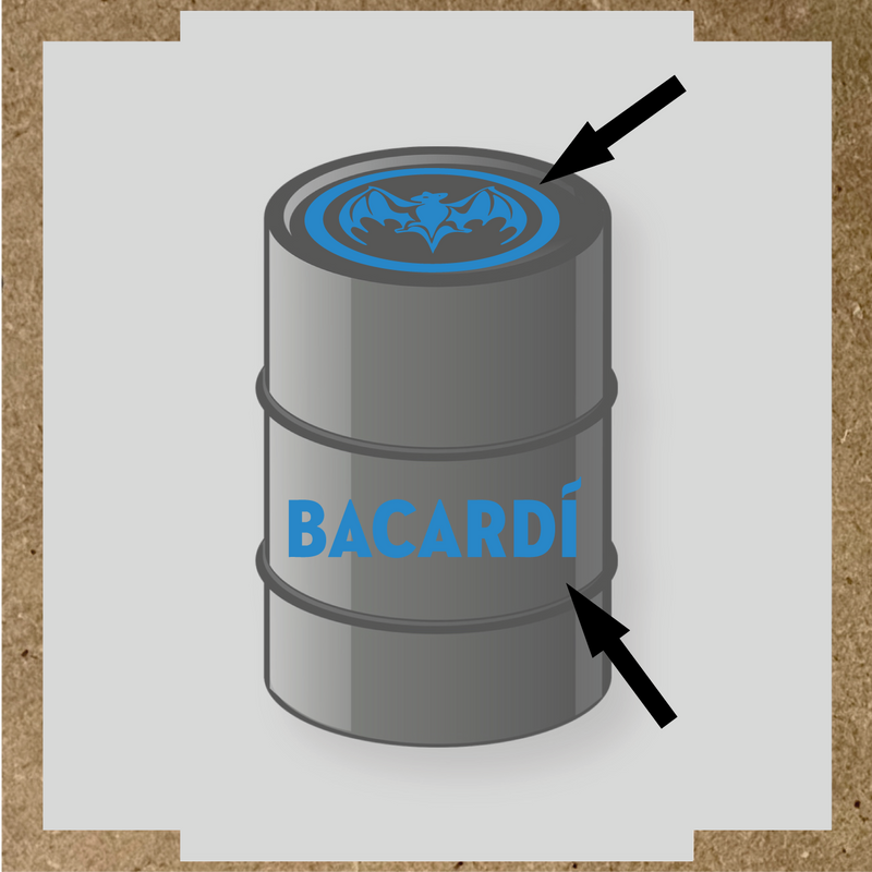 Kit de 2 stickers pour baril Bacardí, avec le logo et une chauve-souris sur le dessus du baril. couleur:bleu lagon