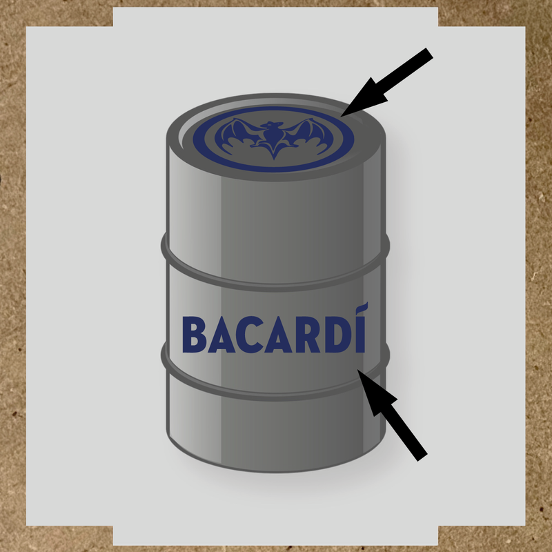 Kit de 2 stickers pour baril Bacardí, avec le logo et une chauve-souris sur le dessus du baril. couleur:bleu nuit