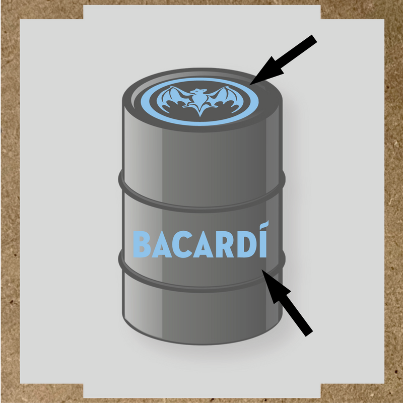Kit de 2 stickers pour baril Bacardí, avec le logo et une chauve-souris sur le dessus du baril. couleur:bleu pastel
