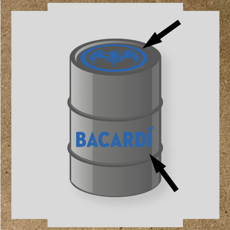 Kit de 2 stickers pour baril Bacardí, avec le logo et une chauve-souris sur le dessus du baril. couleur:bleu pétrole