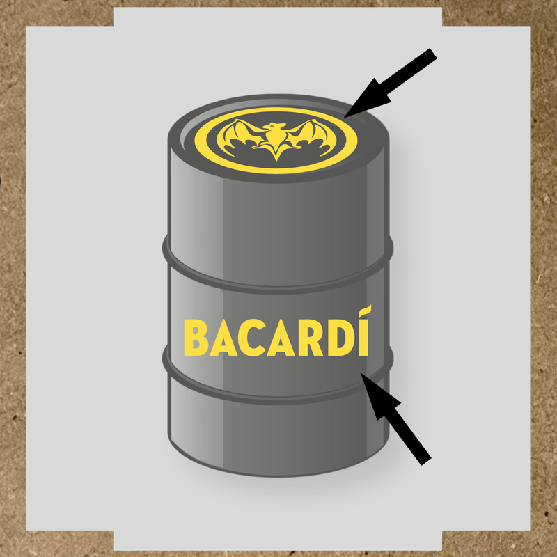 Kit de 2 stickers pour baril Bacardí, avec le logo et une chauve-souris sur le dessus du baril. couleur:jaune clair