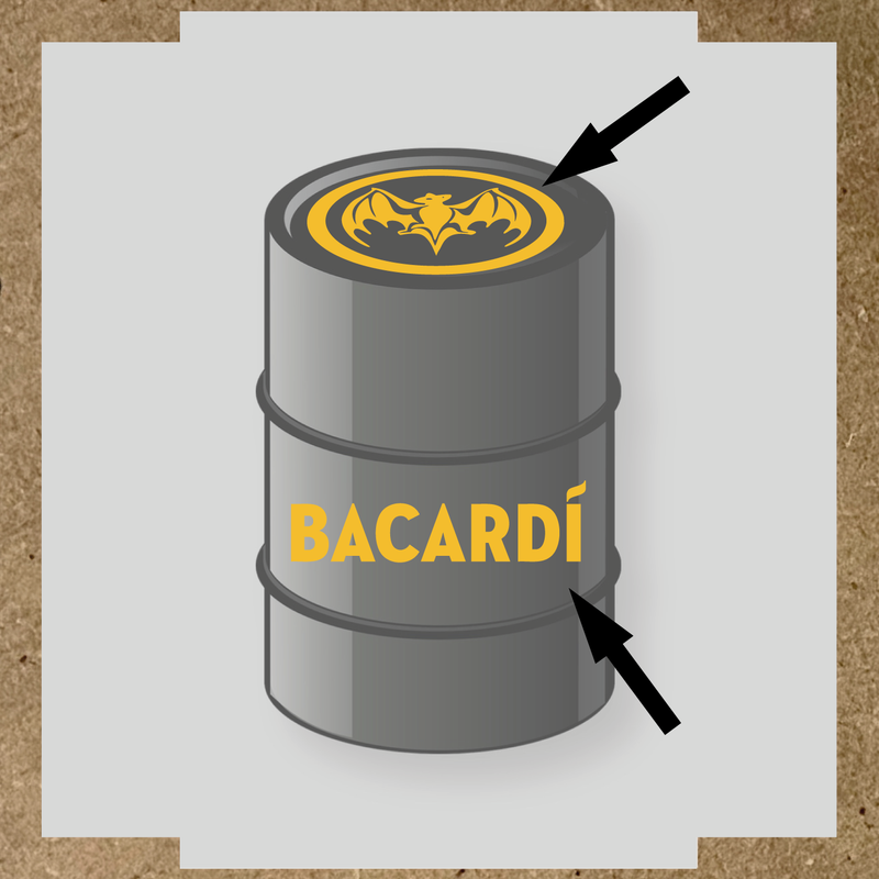 Kit de 2 stickers pour baril Bacardí, avec le logo et une chauve-souris sur le dessus du baril. couleur:jaune