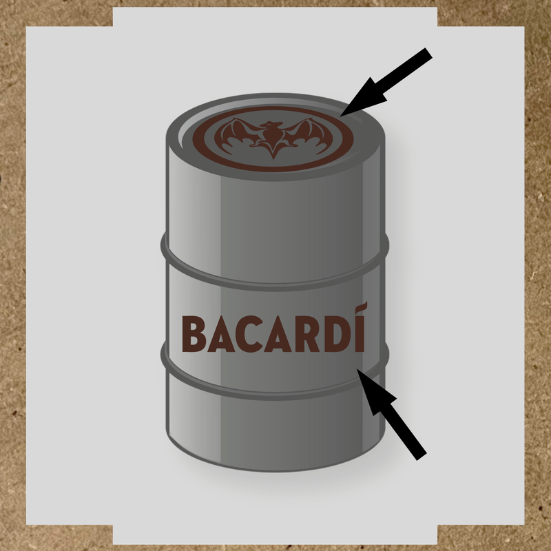 Kit de 2 stickers pour baril Bacardí, avec le logo et une chauve-souris sur le dessus du baril. couleur:marron foncé