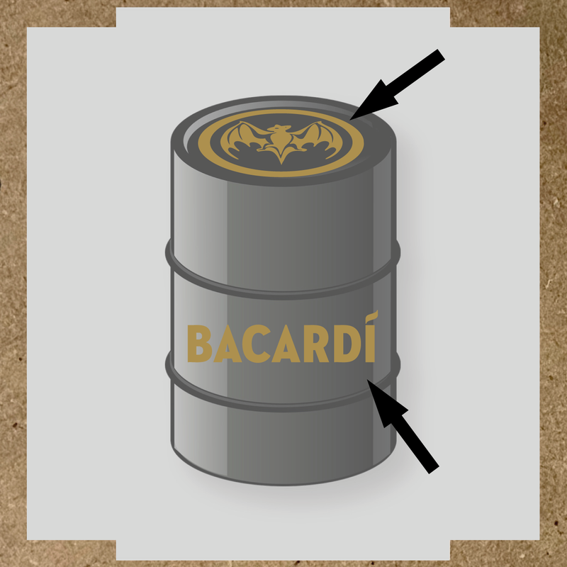 Kit de 2 stickers pour baril Bacardí, avec le logo et une chauve-souris sur le dessus du baril. couleur:or