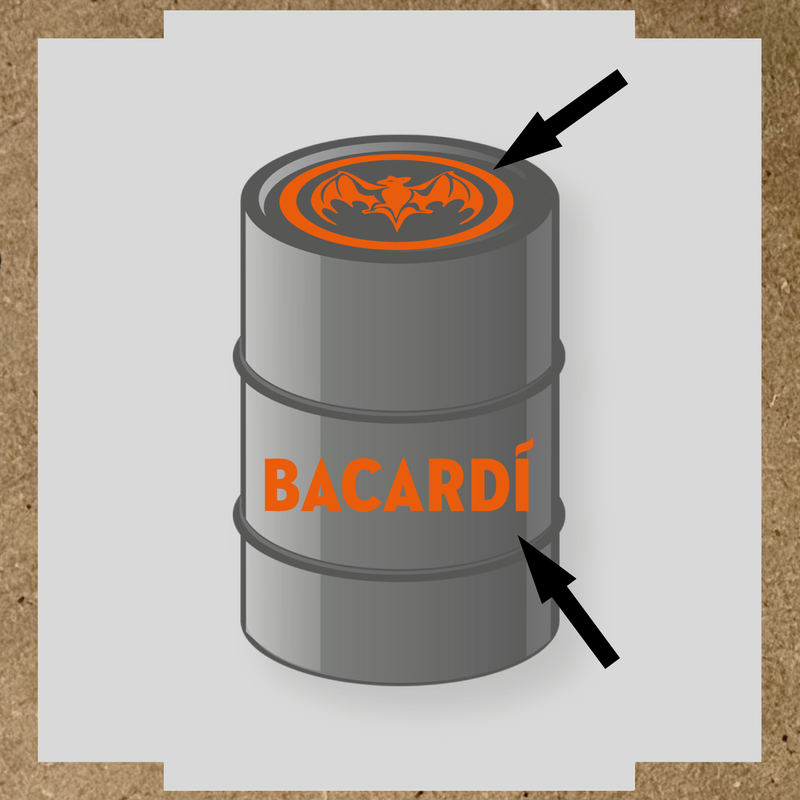 Kit de 2 stickers pour baril Bacardí, avec le logo et une chauve-souris sur le dessus du baril. couleur:orange