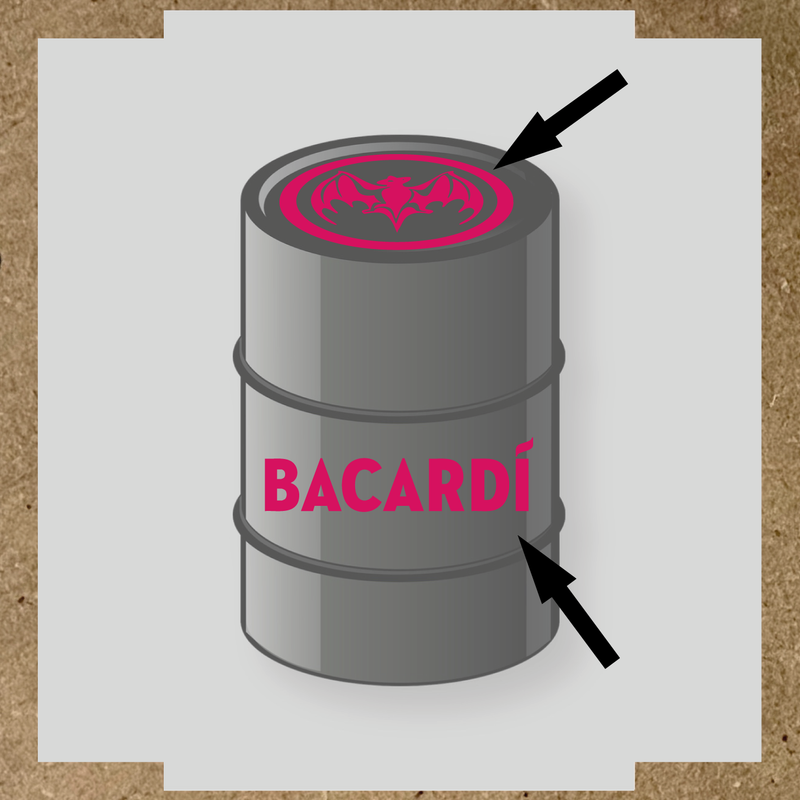 Kit de 2 stickers pour baril Bacardí, avec le logo et une chauve-souris sur le dessus du baril. couleur:rose