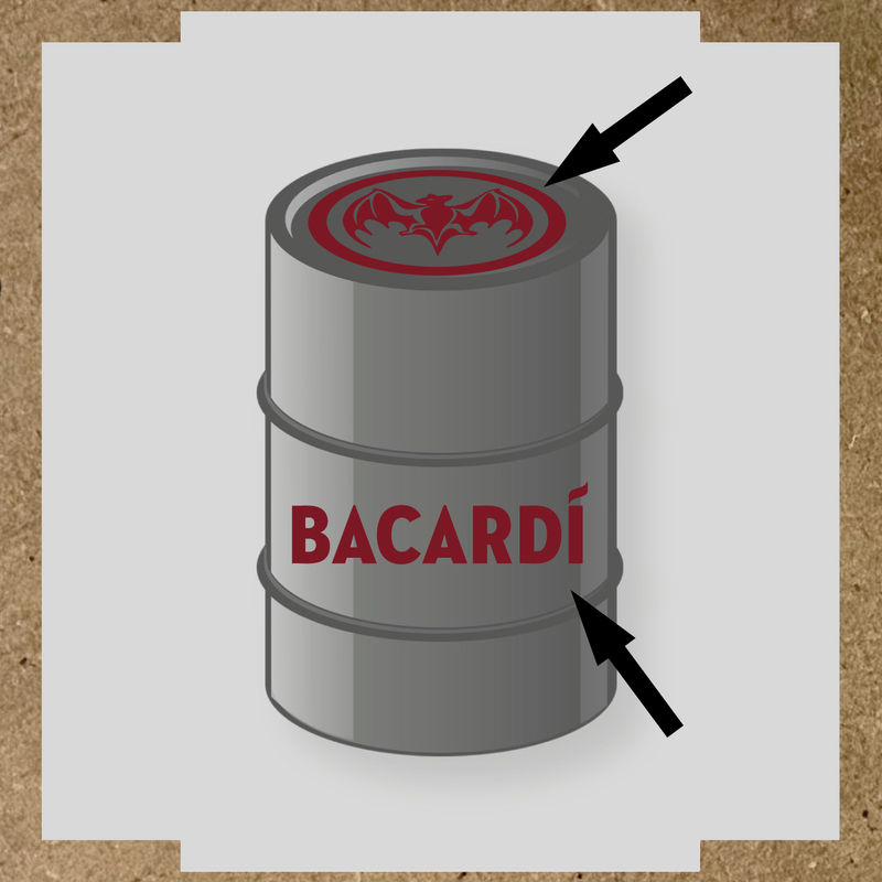 Kit de 2 stickers pour baril Bacardí, avec le logo et une chauve-souris sur le dessus du baril. couleur:rouge bordeaux