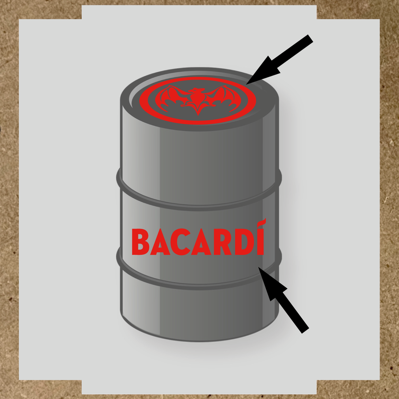 Kit de 2 stickers pour baril Bacardí, avec le logo et une chauve-souris sur le dessus du baril. couleur:rouge vif