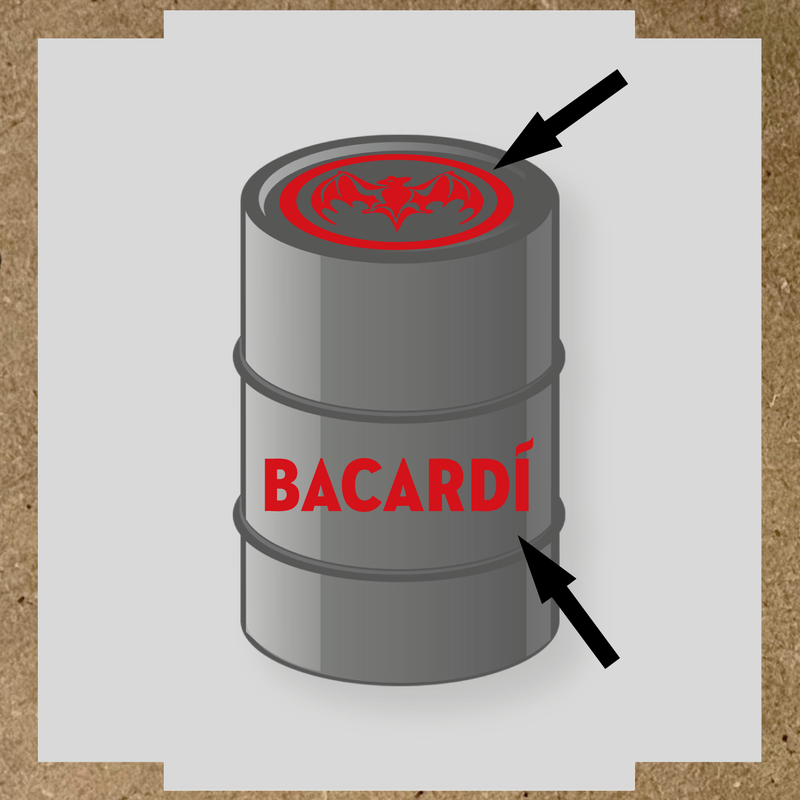 Kit de 2 stickers pour baril Bacardí, avec le logo et une chauve-souris sur le dessus du baril. couleur:rouge