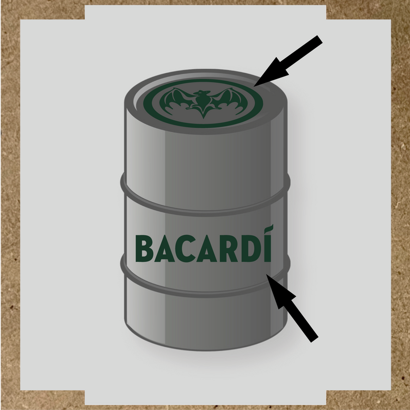Kit de 2 stickers pour baril Bacardí, avec le logo et une chauve-souris sur le dessus du baril. couleur:vert forêt
