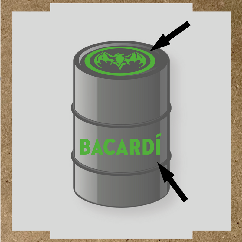 Kit de 2 stickers pour baril Bacardí, avec le logo et une chauve-souris sur le dessus du baril. couleur:vert prairie