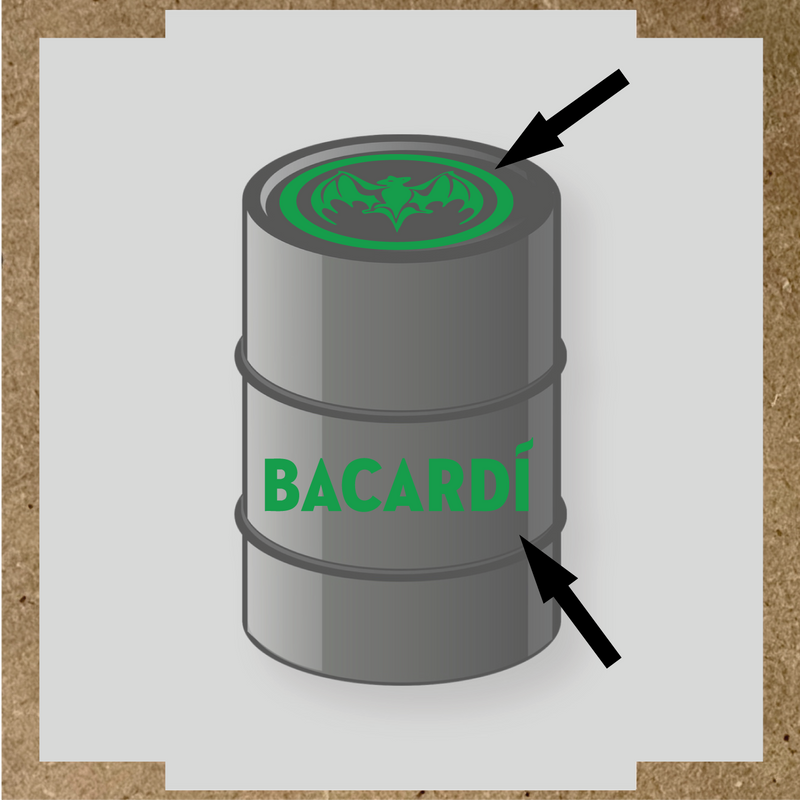 Kit de 2 stickers pour baril Bacardí, avec le logo et une chauve-souris sur le dessus du baril. couleur:vert vif