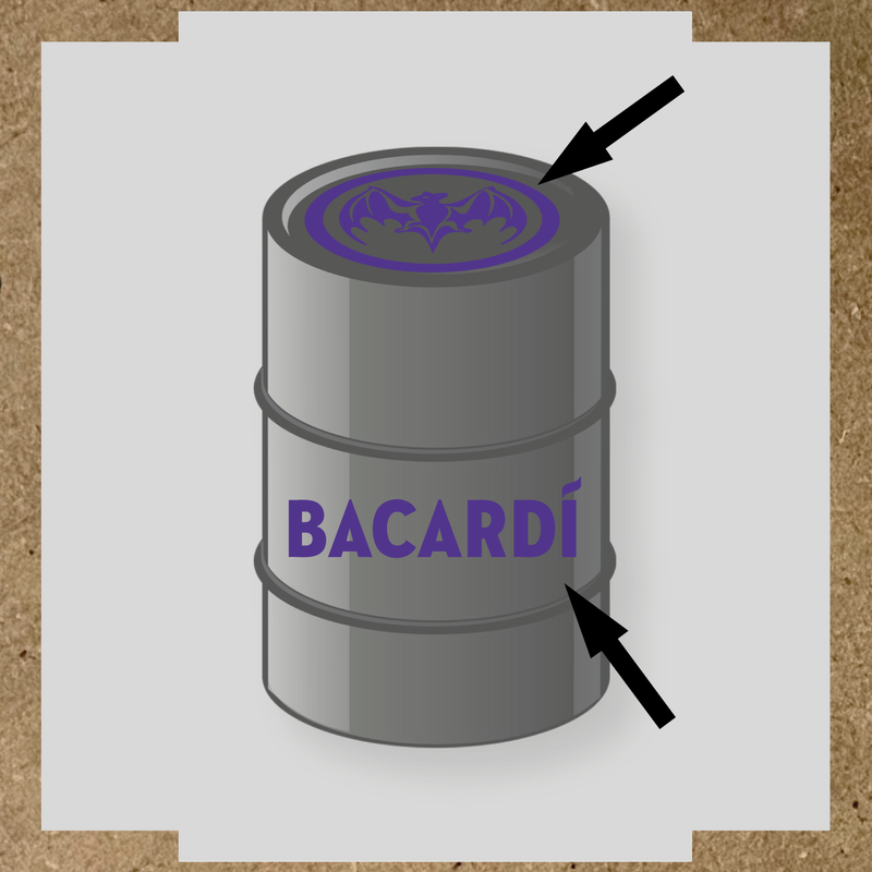 Kit de 2 stickers pour baril Bacardí, avec le logo et une chauve-souris sur le dessus du baril. couleur:violet