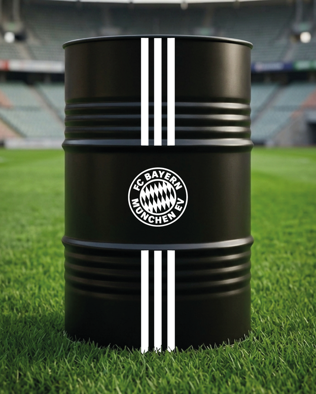 Mise en situation d’un baril décoratif avec kit de 4 stickers FC Bayern München 