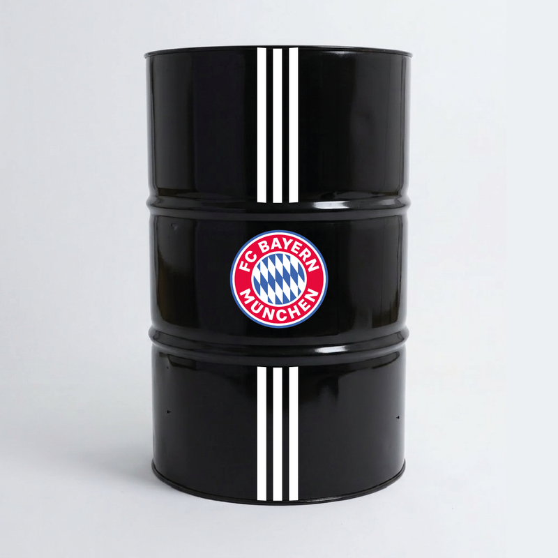 Vue de face d’un baril décoratif avec kit de 4 stickers FC BAYERN MUNICH 