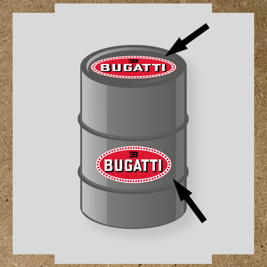 Kit de 2 stickers vinyles pour baril décoratif avec le logo 'BUGATTI' en rouge sur fond gris.