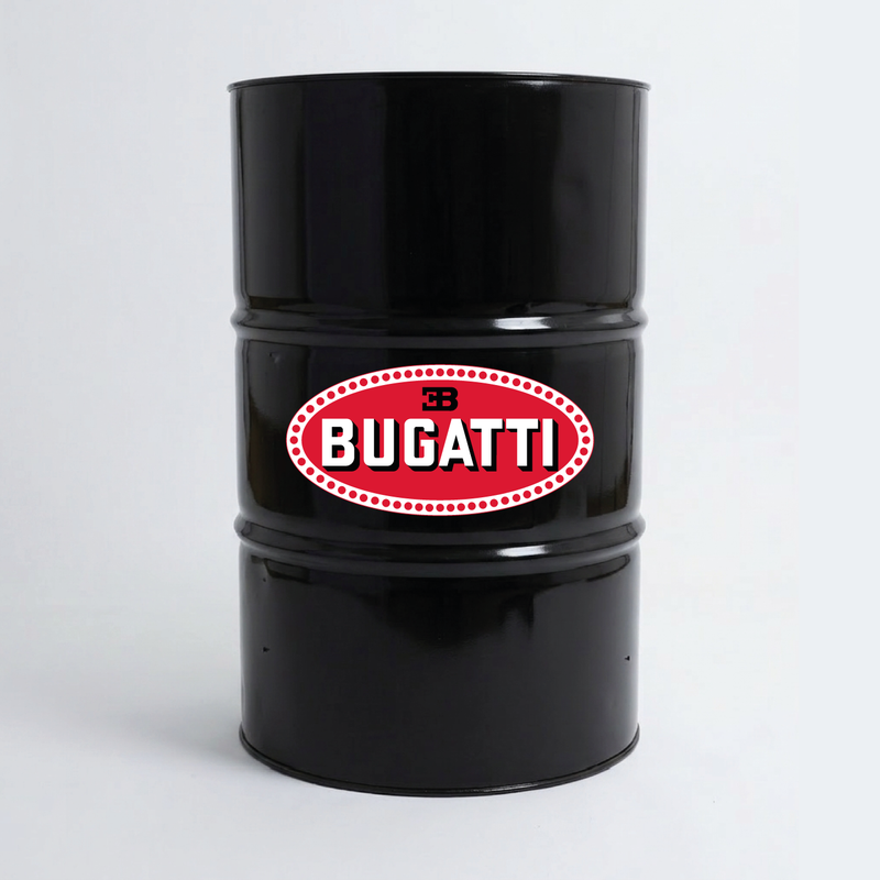 Vue du dessus d’un baril décoratif avec sticker supérieur Bugatti rouge