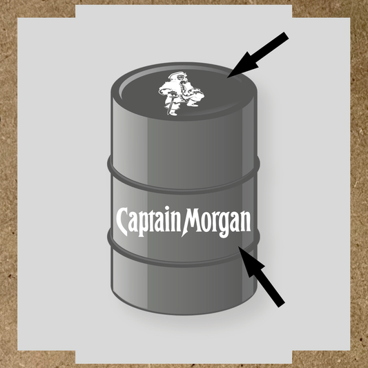 Kit de 2 stickers pour baril Captain Morgan, un avec un personnage de pirate sur le haut et l'autre avec le nom 'Captain Morgan' au bas. couleur:blanc