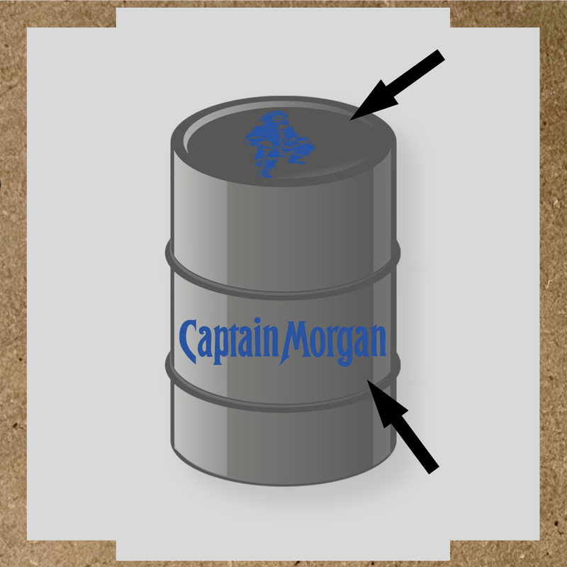 Kit de 2 stickers pour baril Captain Morgan, un avec un personnage de pirate sur le haut et l'autre avec le nom 'Captain Morgan' au bas. couleur:bleu acier