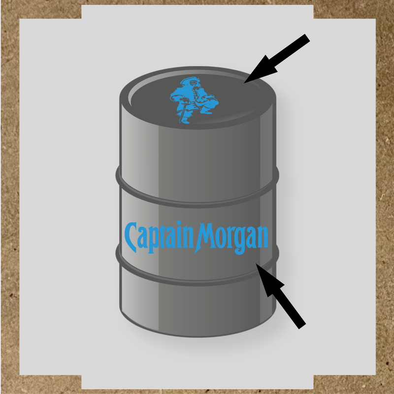 Kit de 2 stickers pour baril Captain Morgan, un avec un personnage de pirate sur le haut et l'autre avec le nom 'Captain Morgan' au bas. couleur:bleu ciel