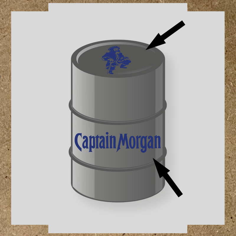 Kit de 2 stickers pour baril Captain Morgan, un avec un personnage de pirate sur le haut et l'autre avec le nom 'Captain Morgan' au bas. couleur:bleu indigo