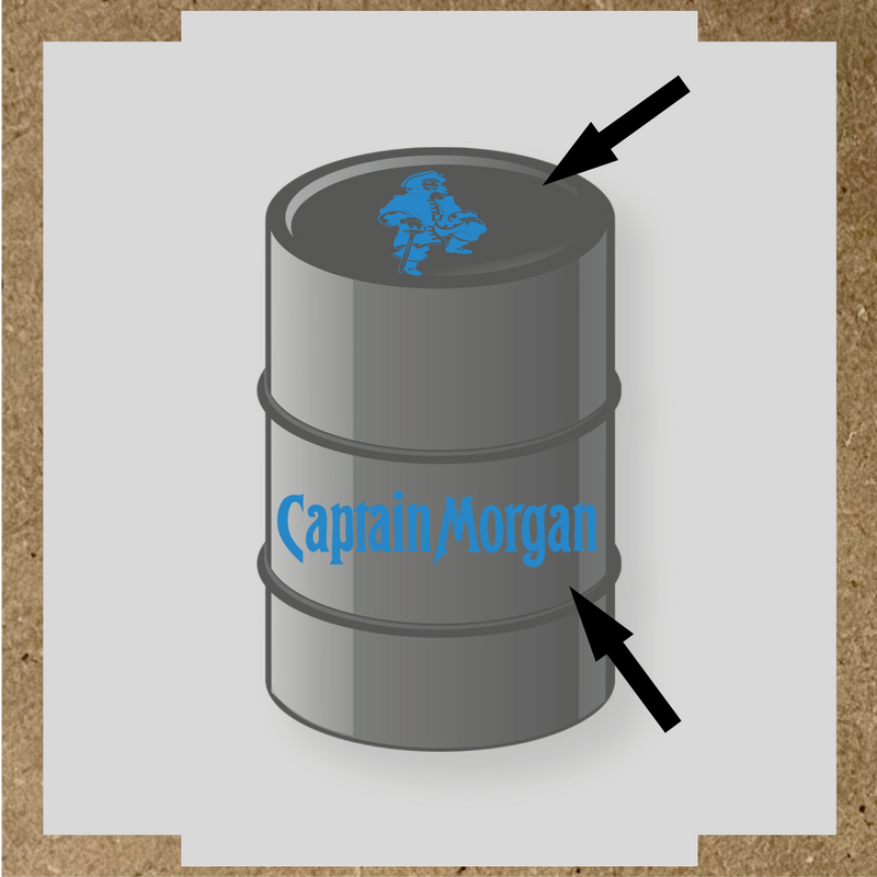 Kit de 2 stickers pour baril Captain Morgan, un avec un personnage de pirate sur le haut et l'autre avec le nom 'Captain Morgan' au bas. couleur:bleu lagon