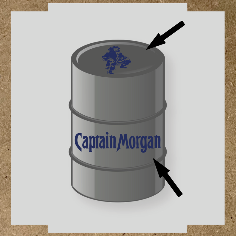 Kit de 2 stickers pour baril Captain Morgan, un avec un personnage de pirate sur le haut et l'autre avec le nom 'Captain Morgan' au bas. couleur:bleu nuit