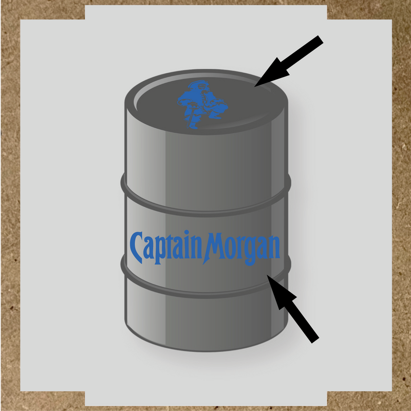 Kit de 2 stickers pour baril Captain Morgan, un avec un personnage de pirate sur le haut et l'autre avec le nom 'Captain Morgan' au bas. couleur:bleu pétrole