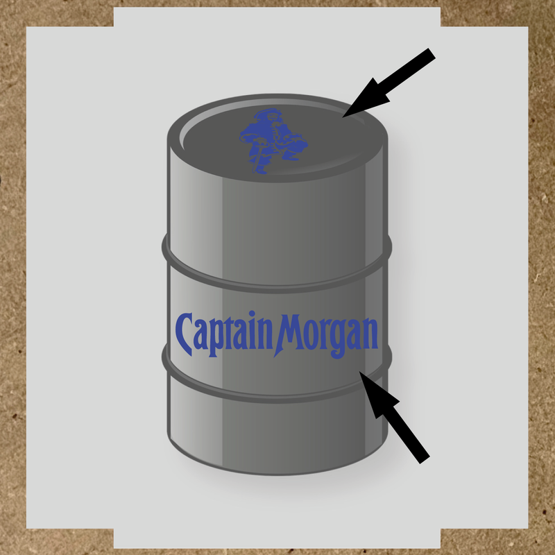 Kit de 2 stickers pour baril Captain Morgan, un avec un personnage de pirate sur le haut et l'autre avec le nom 'Captain Morgan' au bas. couleur:bleu roi
