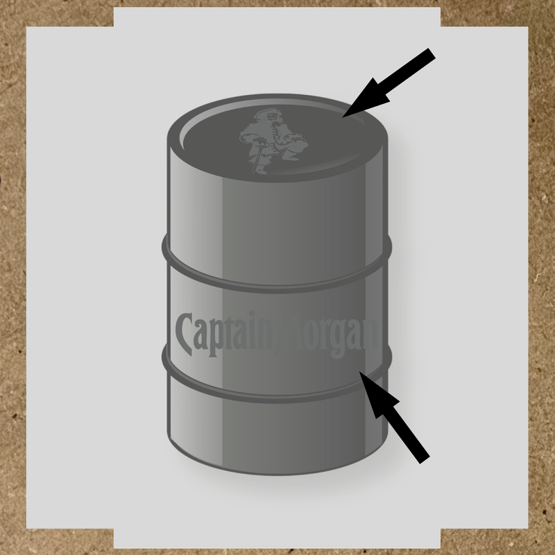 Kit de 2 stickers pour baril Captain Morgan, un avec un personnage de pirate sur le haut et l'autre avec le nom 'Captain Morgan' au bas. couleur:gris foncé