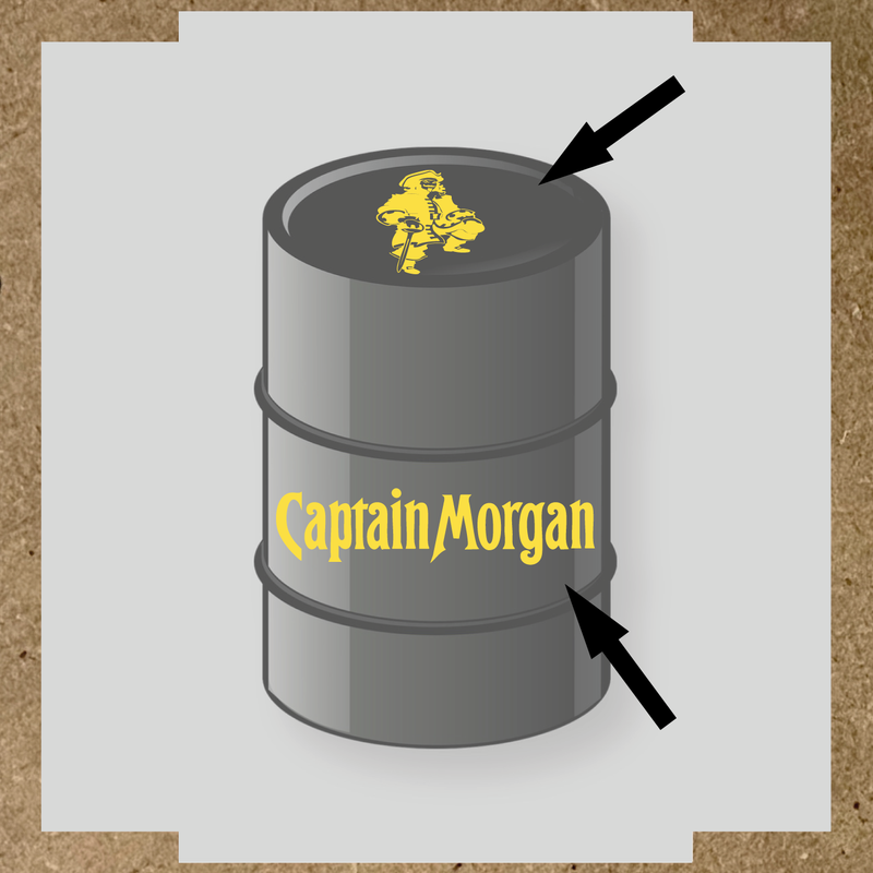 Kit de 2 stickers pour baril Captain Morgan, un avec un personnage de pirate sur le haut et l'autre avec le nom 'Captain Morgan' au bas. couleur:jaune clair