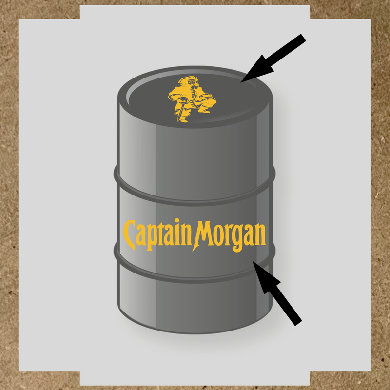 Kit de 2 stickers pour baril Captain Morgan, un avec un personnage de pirate sur le haut et l'autre avec le nom 'Captain Morgan' au bas. couleur:jaune