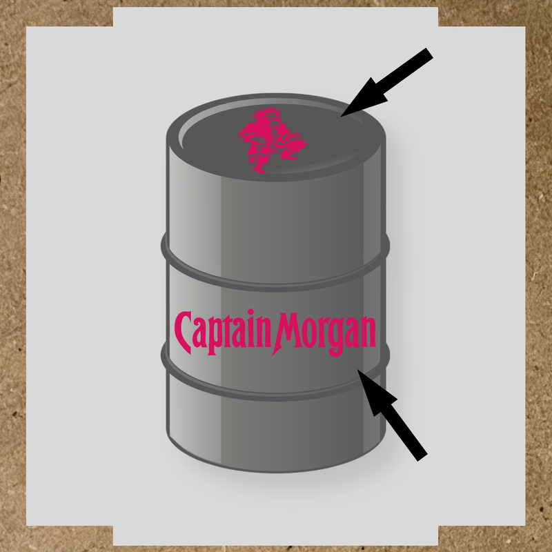 Kit de 2 stickers pour baril Captain Morgan, un avec un personnage de pirate sur le haut et l'autre avec le nom 'Captain Morgan' au bas. couleur:rose