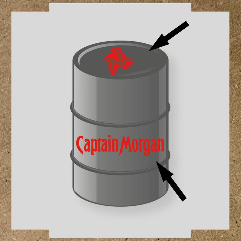Kit de 2 stickers pour baril Captain Morgan, un avec un personnage de pirate sur le haut et l'autre avec le nom 'Captain Morgan' au bas. couleur:rouge vif