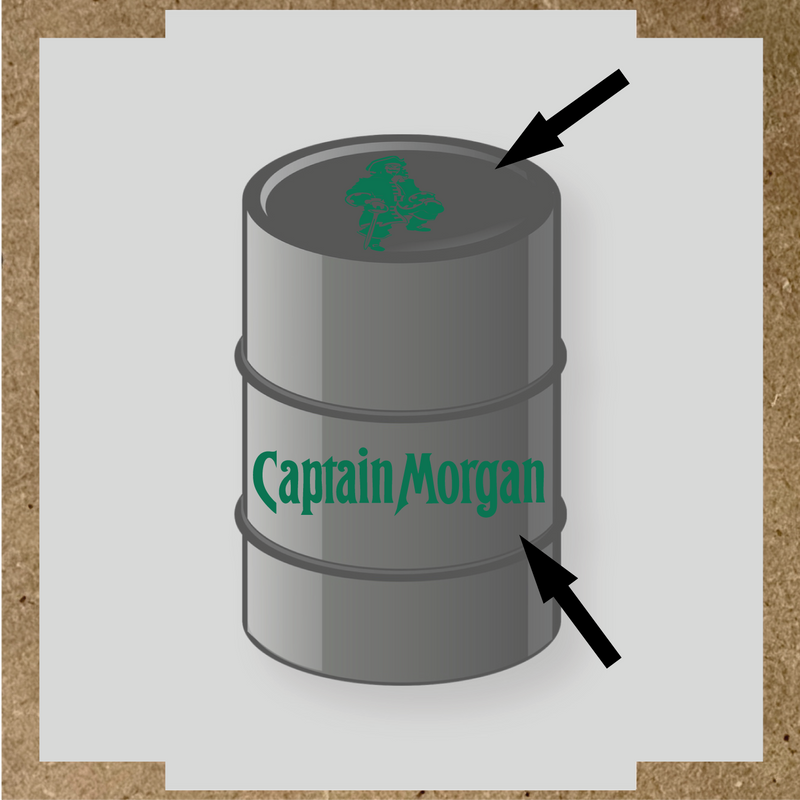 Kit de 2 stickers pour baril Captain Morgan, un avec un personnage de pirate sur le haut et l'autre avec le nom 'Captain Morgan' au bas. couleur:vert émeraude