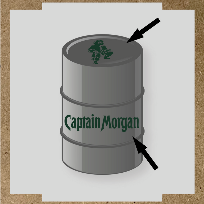Kit de 2 stickers pour baril Captain Morgan, un avec un personnage de pirate sur le haut et l'autre avec le nom 'Captain Morgan' au bas. couleur:vert forêt
